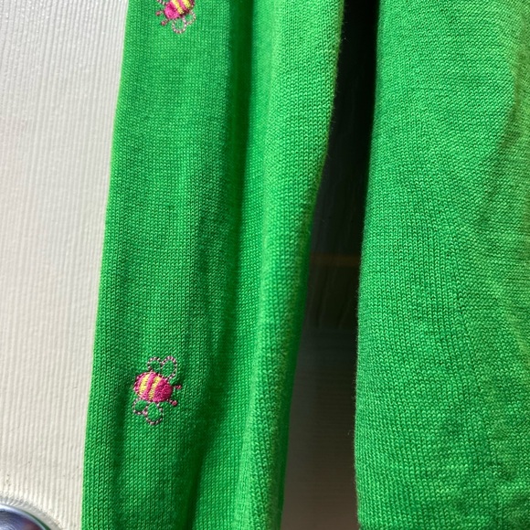 Quaker Factory silk bright green V-neck bumblebee cardigan with pink detail med - Picture 11 of 16
